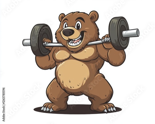A gym animal sports mascot, a grizzly bear, holds a dumbbell while weightlifting with its claw