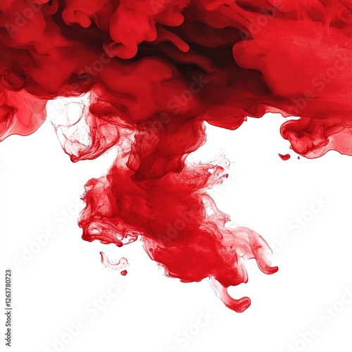 A vibrant red ink cloud swirls gracefully against a white background, creating a striking visual effect.
