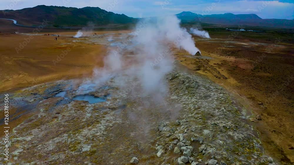 Aerial view of the volcanic Hverir Geothermal Area, located in the Mývatn region of northern Iceland. Aerial view of the volcanic Hverir Geothermal Area, located in the Mývatn region of northern Iceland.