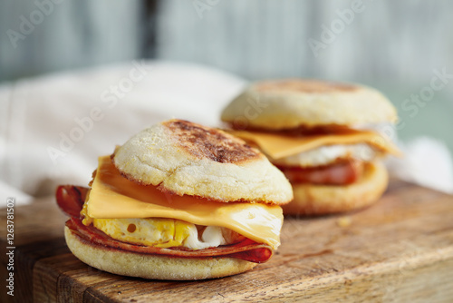 Close up of egg, ham and cheese breakfast sandwich on toasted English muffins.  Selective focus with blurred background.