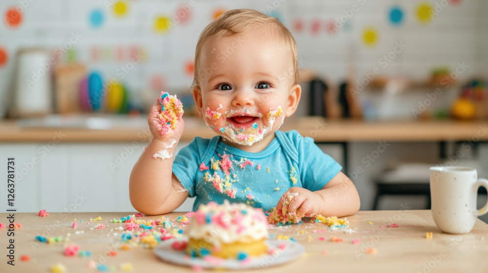 Cutie Pie, Chubby-cheeked baby with frosting on face, high fidelity image, perfect for vibrant, cheerful content. Cutie Pie, Chubby-cheeked baby with frosting on face, high fidelity image, perfect for vibrant, cheerful content.