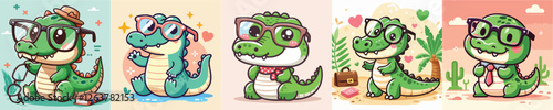 vector set of cute crocodiles wearing glasses