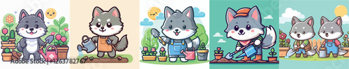 vector set of cute wolves doing gardening