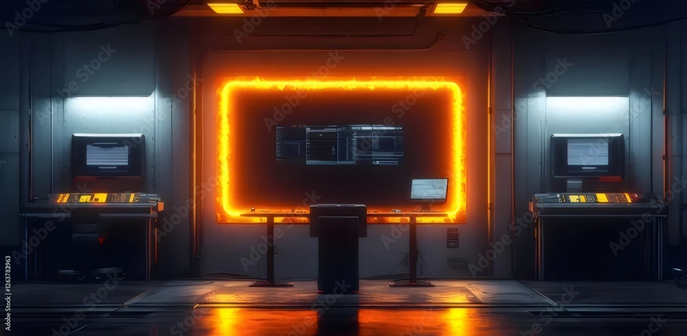 Futuristic control room with glowing orange frame, computer consoles, and dark metallic walls. Futuristic control room with glowing orange frame, computer consoles, and dark metallic walls.