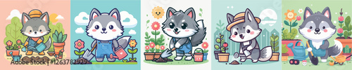 vector set of cute wolves doing gardening