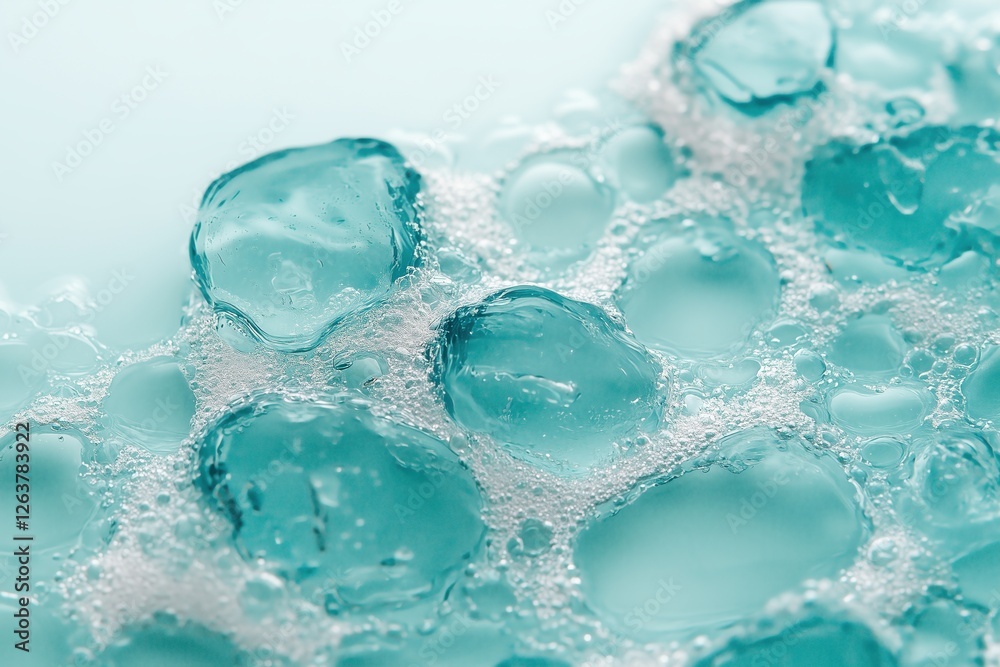 Bubbles and water droplets create a serene, tranquil atmosphere in a light turquoise setting