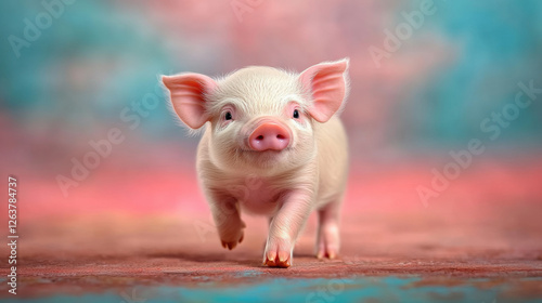 Cutie Pie, A tiny piglet with a pink nose joyfully running through a field, captured in high fidelity.