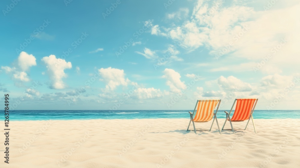 Relaxing beach scene with two colorful lounge chairs overlooking a tranquil ocean under a sunny sky Relaxing beach scene with two colorful lounge chairs overlooking a tranquil ocean under a sunny sky