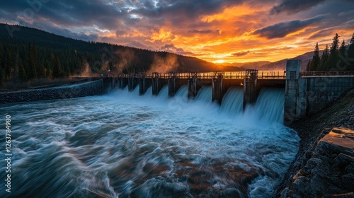 Wallpaper Mural A hydroelectric dam at sunrise, with water rushing through its spillways. Torontodigital.ca