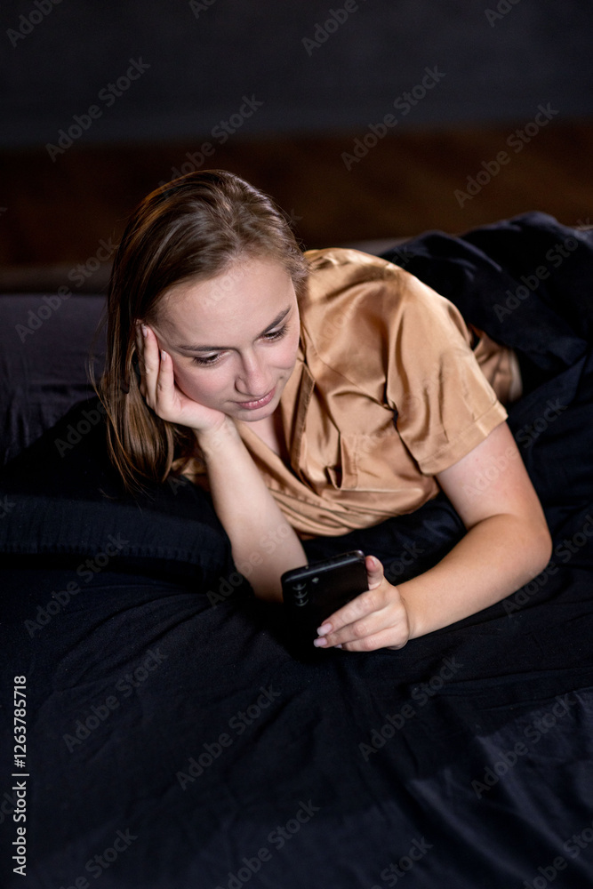 Obraz premium Happy female waking up and checking news on the mobile phone.