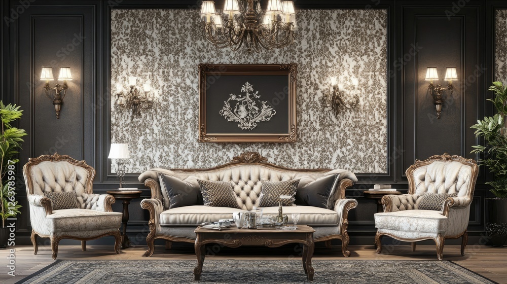 Fototapeta premium A luxurious French-style living room with vintage furniture, intricate wallpaper, and chandelier lighting.
