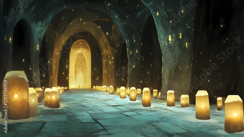 A dimly lit, mysterious chamber with salt-textured walls and rows of glowing urns that absorb light. Subterranean Starfields. Illustration