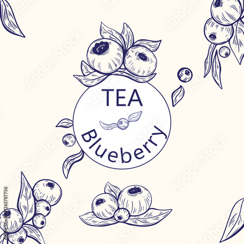  Blueberry line art for tea packaging, product design, labels, and branding.  Blueberry and leaves