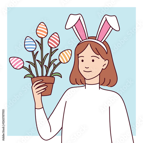 A teenage girl wearing bunny ears holds a plant with Easter egg decorations, smiling warmly.