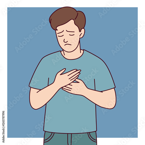 A very sad white man stands with his arms crossed over his chest. The blue background emphasizes his sorrow.