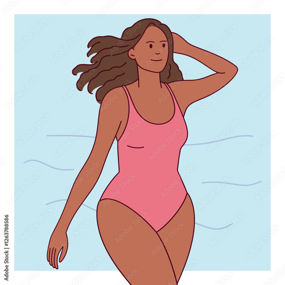 A Black woman with long curly brown hair happily walks along the beach in a pink swimsuit. The background is blue with a white border. A Black woman with long curly brown hair happily walks along the beach in a pink swimsuit. The background is blue with a white border.