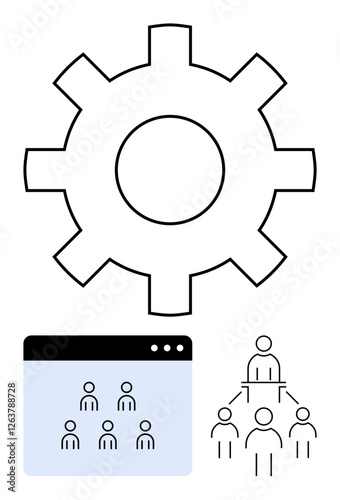 Large gear next to a browser window with user icons and a hierarchical network structure. Ideal for teamwork, organization, collaboration, automation, planning, strategy, workflow. Abstract line flat