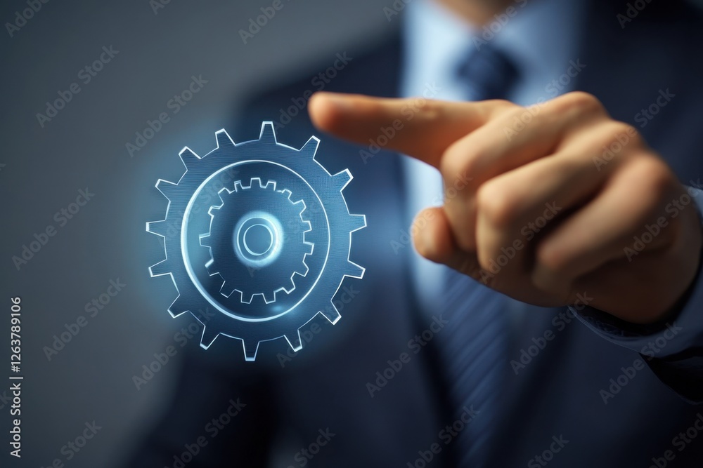 Businessman pointing at futuristic gear icon Businessman pointing at futuristic gear icon