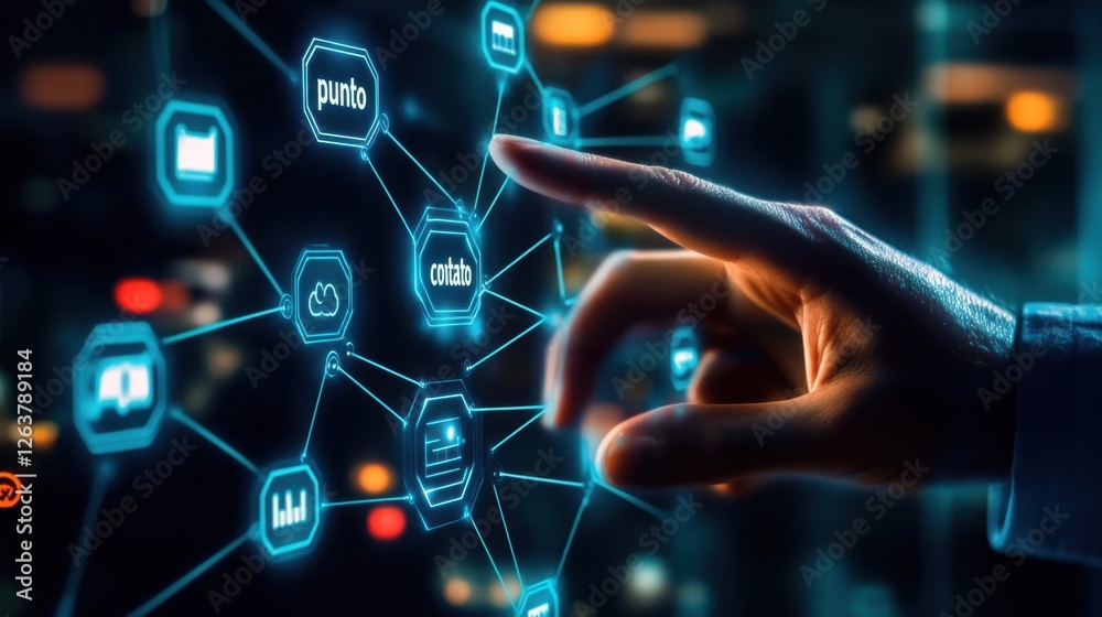 Woman interacting with futuristic digital data network Woman interacting with futuristic digital data network