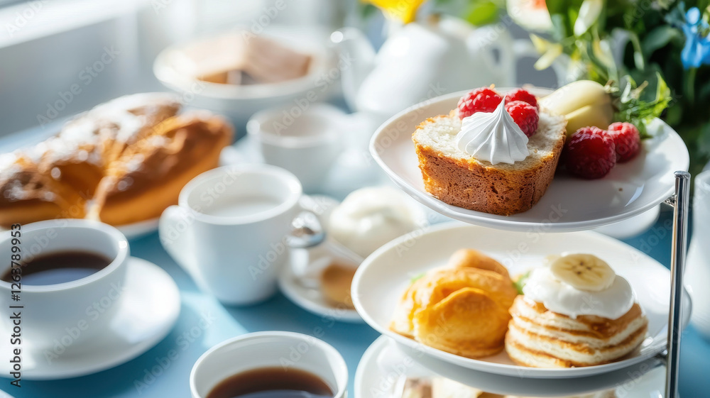 Upscale brunch setting with tiered serving plates, pastries, and coffee. Enjoy delightful assortment of desserts and beverages Upscale brunch setting with tiered serving plates, pastries, and coffee. Enjoy delightful assortment of desserts and beverages