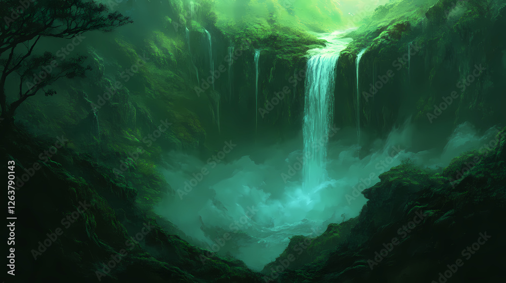 Fototapeta premium Mystical mossy gorge waterfall: iceland's hidden gem. Emerald Mist Valleys. Illustration