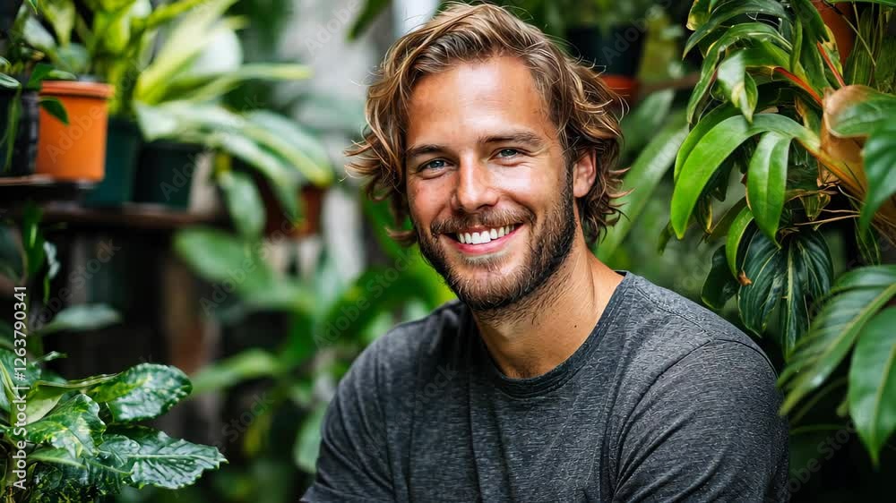 Joyful young man surrounded by lush greenery, embodying positivity and a love for nature in a vibrant jungle setting. Joyful young man surrounded by lush greenery, embodying positivity and a love for nature in a vibrant jungle setting.