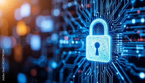 Abstract secure technology background with lock and circuit.