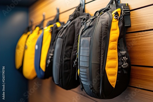 A row of stylish backpacks showcasing a sleek design and vibrant colors in a modern setting. Scuba Dive Suit, Dive Essentials photo