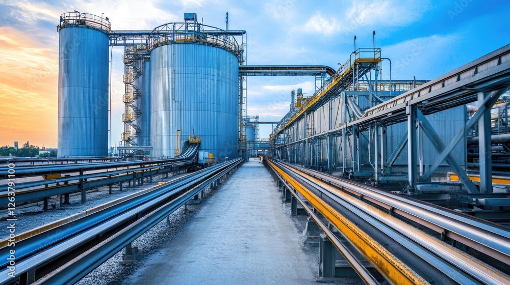 Naklejka premium A vast industrial processing plant with long conveyor belts and towering silos.