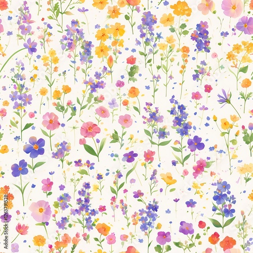 Seamless pattern of watercolor painting of colorful wildflowers for a serene garden scene