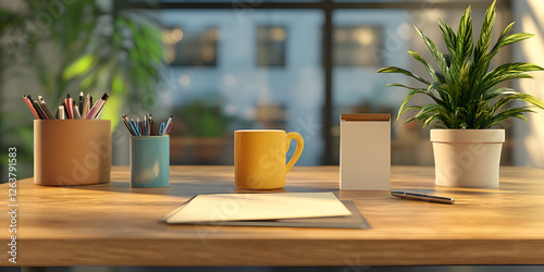 Organized Desk Setup with Stationery, Coffee Cup, and Modern Accessories photo