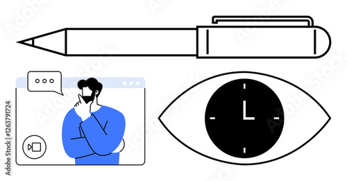 Pen, clock-eye, and virtual meeting elements emphasize productivity, planning, time tracking, idea exchange, remote work, focus decision-making. Ideal for workflows brainstorming and abstract line