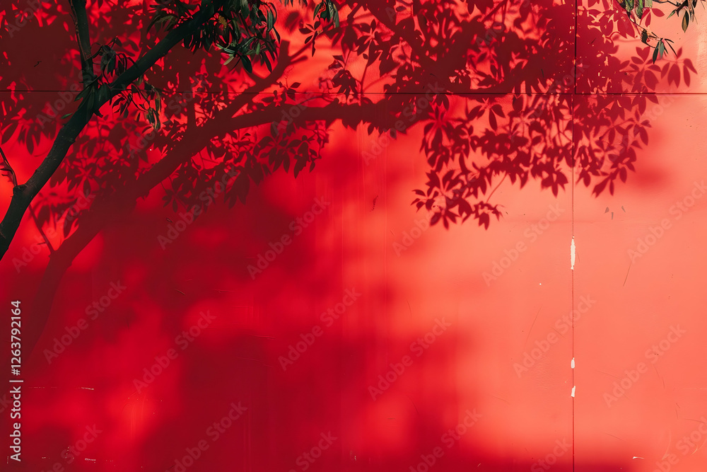 Vibrant red wall with intricate shadows cast by a leafy tree, enhancing urban ambiance Vibrant red wall with intricate shadows cast by a leafy tree, enhancing urban ambiance