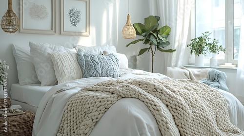 Cozy bedroom interior, sunlight, plants, knit blanket, calm atmosphere, home decor, website design