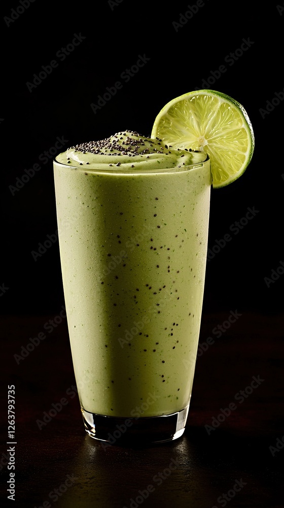 Refreshing green smoothie with lime slice garnishing the glass on dark background