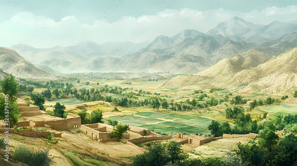 Fototapeta premium A serene and picturesque landscape of the tagab valley in kapisa province, afghanistan, with rolling hills of emerald green, a gentle mist veiling the terrain. Emerald Mist Valleys. Illustration