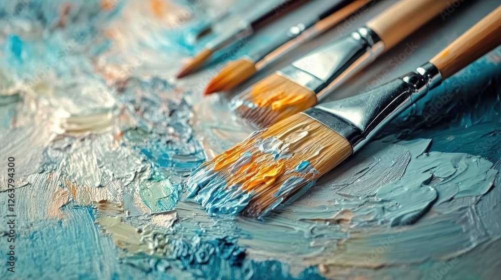 Fototapeta premium Creativity, close-up of paintbrushes and a canvas, artistic scene in soft light