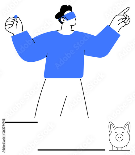 Man interacts with virtual experience using VR headset, one hand clenched, other pointing. Piggy bank inspires themes of saving, finance, education, innovation, discovery future technology. Abstract