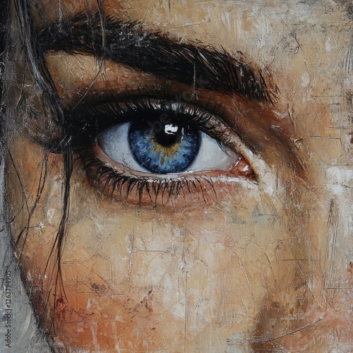 This artwork features a close-up view of a captivating blue eye, highlighting intricate details like the lashes and skin texture that reveal mastery in technique and emotion. photo