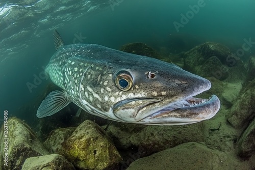 Freshwater Northern pike (Esox lucius) in a stunning, clean pond. Underwater shot with a beautiful backdrop and natural lighting. Wildlife