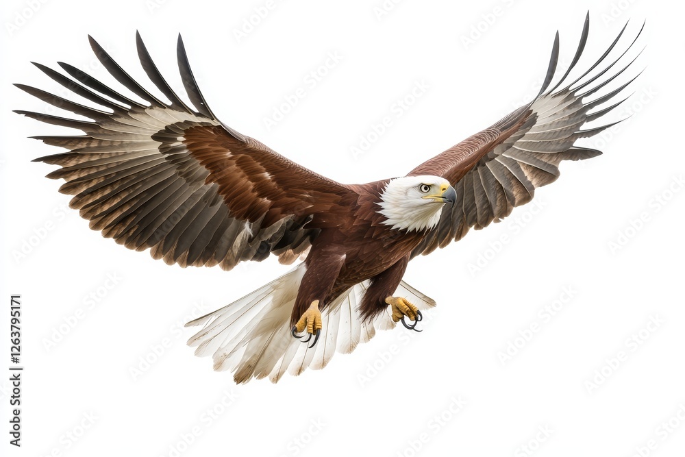 Fototapeta premium On an isolated white background, a fish eagle is seen soaring beautifully