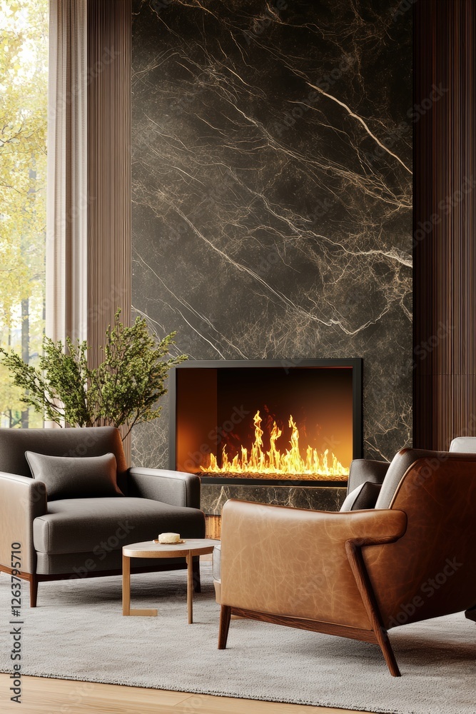 Cozy living room featuring a fireplace two comfortable chairs and soft ambient lighting Cozy living room featuring a fireplace two comfortable chairs and soft ambient lighting