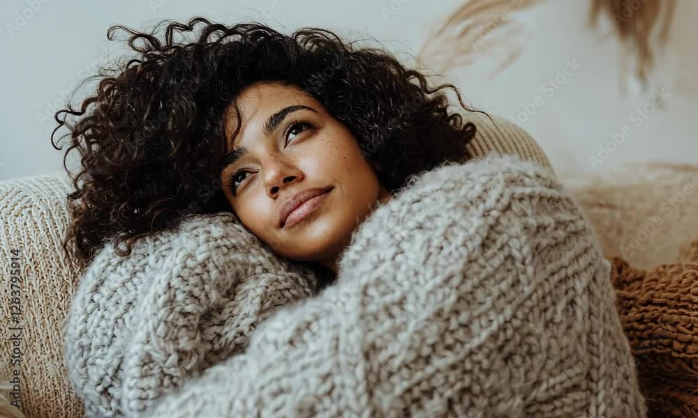 Cozy woman relaxing in knitted sweater on soft couch indoors with ai generated. Cozy woman relaxing in knitted sweater on soft couch indoors with ai generated.