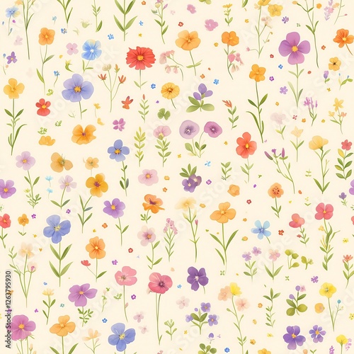 Seamless pattern of watercolor painting of colorful wildflowers for a serene garden scene