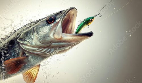 In this realistic depiction, a bass fish leaps out of the water. The fish is aiming for a golden wobbler. The activity is shown as perch fishing in the USA, on a river or lake during the weekend