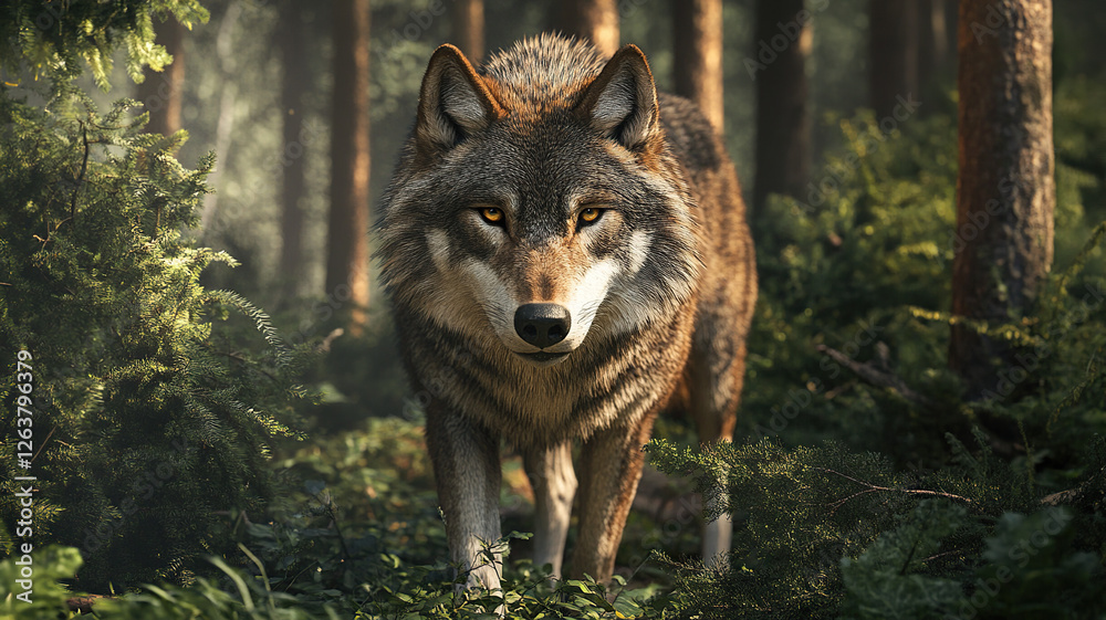 wild wolf with dense forest background wild wolf with dense forest background