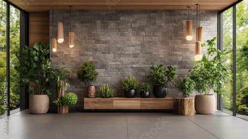 Room interior featuring a stone wall planter and natural lighting for modern home design inspiration