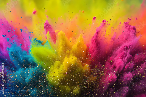 A chaotic explosion of vivid neon colors swirling together in a frenetic dance, with splashes of metallic gold and silver creating a vibrant and dynamic atmosphere.