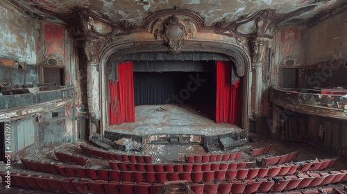 An abandoned theater showcases an empty stage draped in red curtains, while the dark auditorium sits silent and still, reflecting ongoing difficulties in the entertainment sector.
