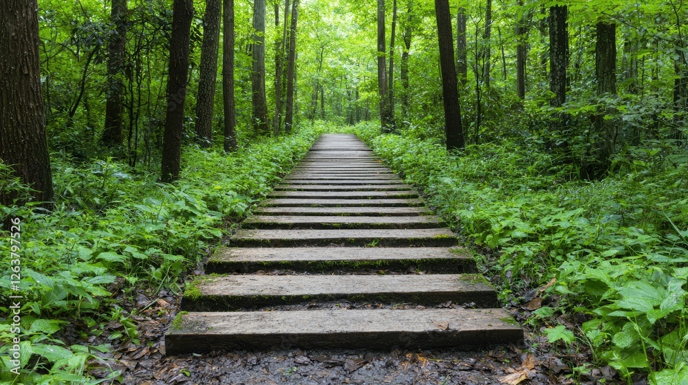 Wooden steps lead through lush green forest Wooden steps lead through lush green forest